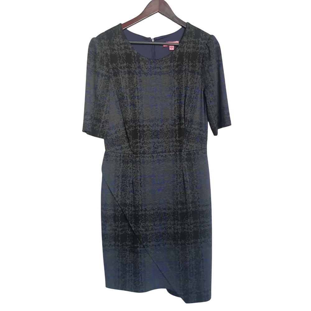 Betsey Johnson Plaid Sheath Dress Blue Black Short Sleeve Midi Knit